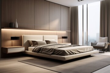 A photo of modern bedroom in gray beige tones 