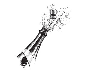 Hand drawn Illustration of Champagne explosion. Hen party.
