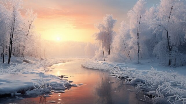 A peaceful winter scene with a flowing frozen river in the background and the beautiful glow of the setting sun.