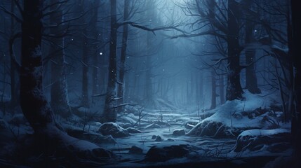 A winter forest shrouded in mist and snow, with the eerie yet enchanting atmosphere of a snowy twilight.