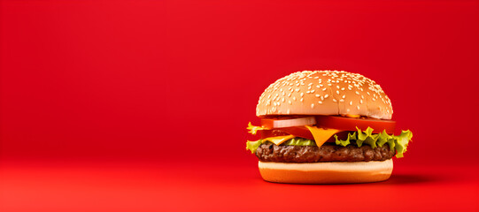 Hamburger isolated on a red background with space for copy