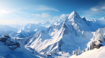 Fototapeta premium Under a brilliant blue sky, a spectacular snow-covered mountain range, with the sun creating lengthy shadows on the gleaming slopes.