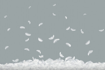 Abstract White Bird Feathers Falling on Floor. Softness of Feather on Gray Background.