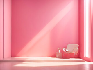 Empty pink walls interior and a chair with bright sun rays reflecting on walls, pink room with natural bright light coming from the window for product presentation.