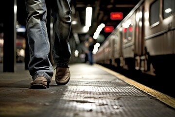Unterwegs am Bahnsteig: Ein Blick auf die Schuhe eines Mannes - obrazy, fototapety, plakaty