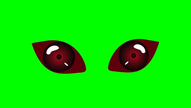 Animation or computer graphics of red evil eyes on a green chroma key background. Vampire, monster eyes for insert