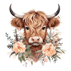 Bull Head with flowers transparent background - obrazy, fototapety, plakaty