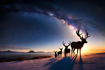 A family of reindeer peacefully grazing in a snowy meadow under a starry night sky.
