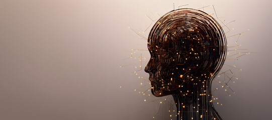 Human head with lines. AI, thought, mind, knowledge, brain power concept. - obrazy, fototapety, plakaty