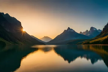 Fototapeten Tranquil lakeside sunset over the mountains © Ai Studio