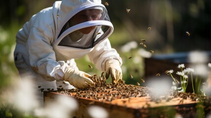 Photo of a beekeeper inspecting a beehive in a protective suit created with Generative AI technology