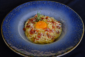Spaghetti Carbonara Cream Sauce with egg and spaghetti with meatball, classic Italian pasta