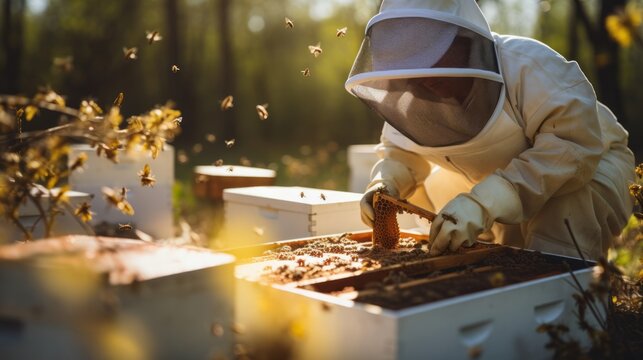 Photo Of A Beekeeper Tending To A Beehive In A Protective Suit Created With Generative AI Technology