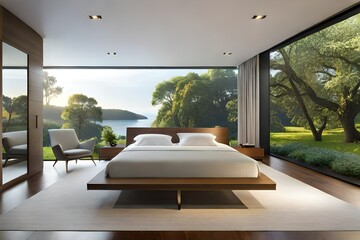 A modern bedroom with a panoramic window overlooking a serene garden