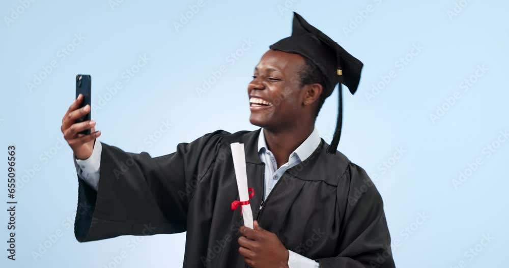 Wall mural Happy black man, graduation and selfie with certificate for memory or photography against a studio background. Excited African male person, student or graduate smile for photograph, picture or vlog