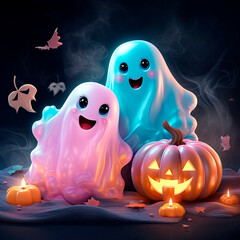 Cute pink and blue ghosts celebrate Halloween 