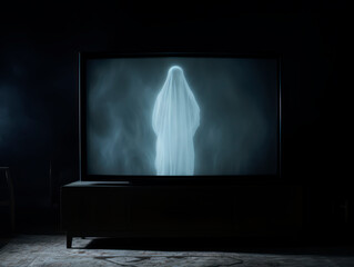 Television set in a room at night, showing static noise and a female ghost.
