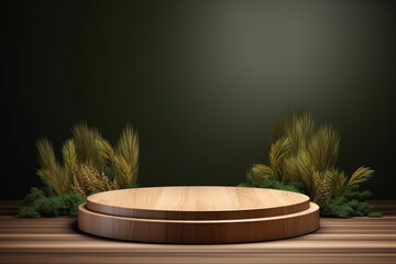 Round wood podium with grass and plants in the background for product display generative by ai