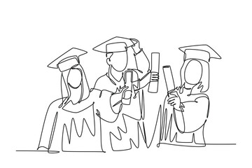 Continuous one line drawing group of young happy graduate male and female college student wearing gown and holding diploma certificate paper. Education. Single line design vector graphic illustration