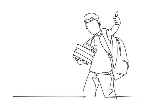 Single continuous line drawing young happy elementary school boy student carrying stack of books and giving thumbs up gesture. Kids education concept. One line draw graphic design vector illustration