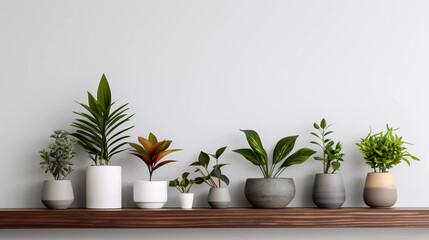 several diverse fake plants in pots on white wood table by gray wall