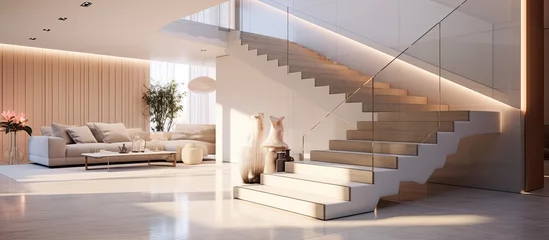 Fotobehang Interior design. Modern and elegant internal staircase using minimal design elements. © Savinus