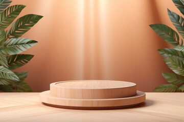 Wood pedestal podium with leaf in background for product presentation generative by ai