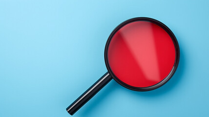 Red dartboard inside of black magnifier glass on blue background. Generative Ai