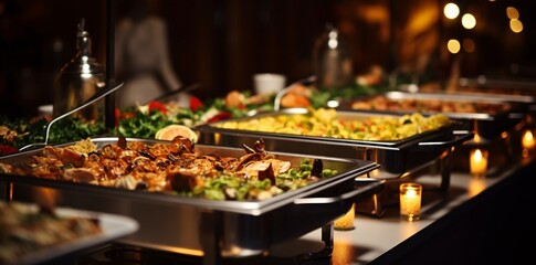 Obraz premium catering buffet food indoor in restaurant with meat colorful fruits and vegetables.