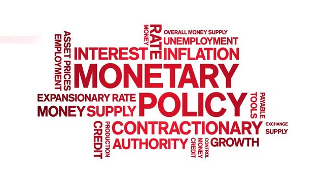 Monetary Policy animated tag word cloud;text design animation kinetic typography seamless loop.