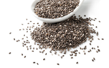 Chia seeds with ceramic spoon isolated on white background, close-up.