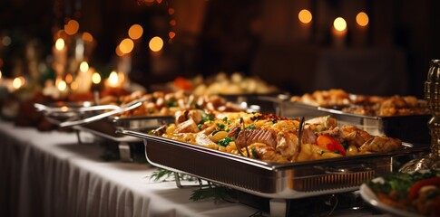catering buffet food indoor in restaurant with meat colorful fruits and vegetables. - obrazy, fototapety, plakaty