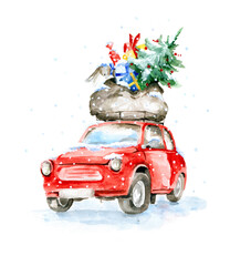 Red retro car with a bag of gifts in the trunk on the roof. Christmas card, watercolor drawing with...