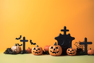Jack o lanterns, pumpkins and bat in graveyard. Halloween background.