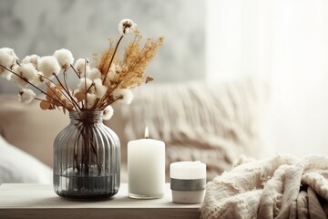 a minimalistic composition in the scandinavian style with dried flowers in a vase and candles.generative ai.