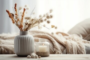 Fototapeta na wymiar a minimalistic composition in the scandinavian style with dried flowers in a vase and candles.generative ai.