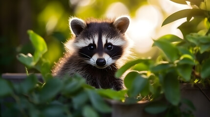 Portrait of cute raccoon animal in the jungle.