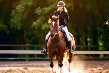 Girl wearing helmet enjoying horseback riding