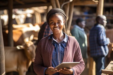 Beautiful African young woman worker working in a cow barn on the farm. Modern cow farmers work with tablets. - obrazy, fototapety, plakaty