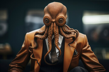 Humanised animals concept. funny character personage. humanized octopus in suit and tie on dark background. businessman style. - obrazy, fototapety, plakaty