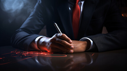 Businessman using a pen and signing on an invisible screen. Generative Ai