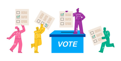 Vote ballot box. Group of people putting paper vote into the box. Election concept. Colorful vector illustration - obrazy, fototapety, plakaty