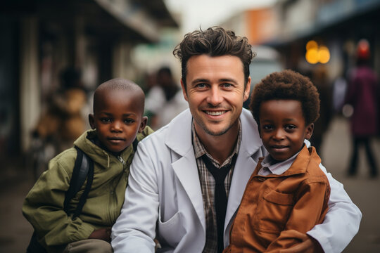 African Health Professional Pediatrician Wearing White Medical Suit And Two Young African Kid Boys Smiling Looking At Camera In Street Of South Africa After Examining, Treating Child Health Care