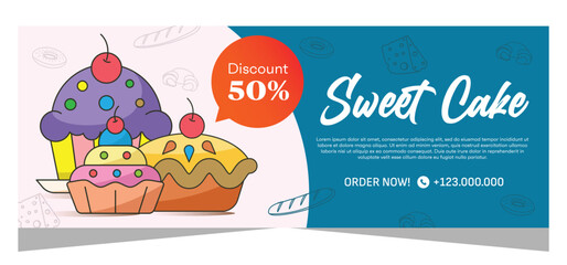 Fototapeta premium Horizontal banner of sweet cupcakes vector design
