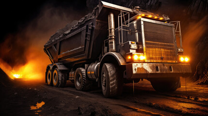 Fototapeta na wymiar Large quarry dump truck in coal mine at night. Loading coal into body work truck. Generative Ai