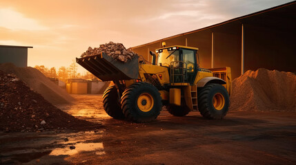 Obraz premium Wheel loader machine unloading rocks. Loader pours crushed stone or gravel from the bucket. Generative Ai