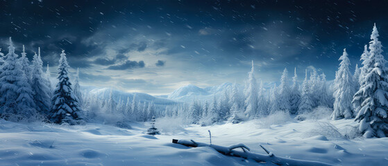 Winter holidays illustration. Scenery. Mysterious wonderwood background. Snow falling at deep forest. meadow landscape.Generative ai