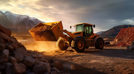 Wheel loader machine unloading rocks. Loader pours crushed stone or gravel from the bucket. Generative Ai