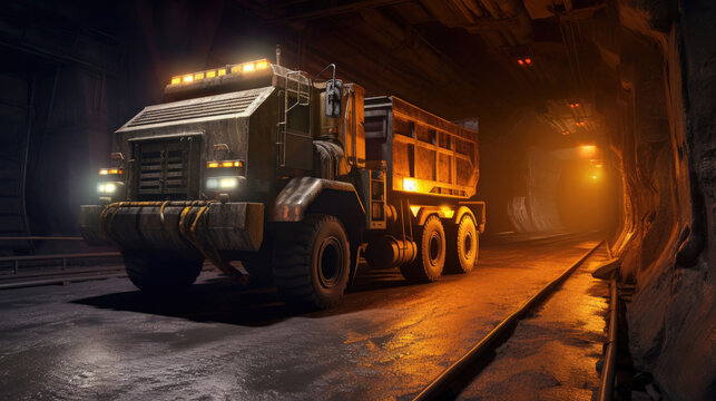 Large quarry dump truck in coal mine at night. Loading coal into body work truck. Generative Ai