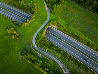 Aerial view of a green bridge ecoduct for fauna crossing above the highway. - 655102954